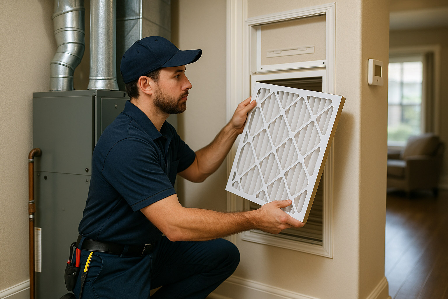 Editorial illustration depicting hvac filter change katy humid summer